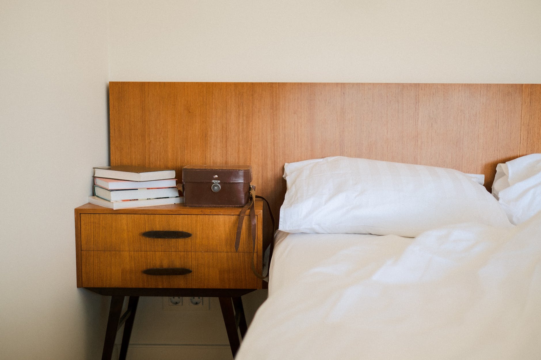 mid century bedside cabinet and bed